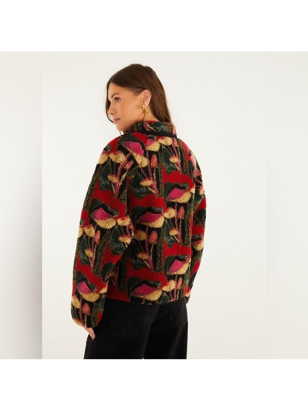Farm Rio Black Wild Mushrooms Fleece Bomber Jacket - Picture 5 of 9